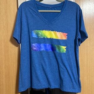 Rainbow brush stroke graphic short sleeve V neck tee shirt XL unisex